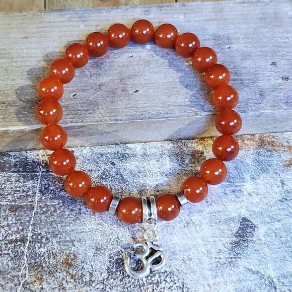 Om Aum Zen Mantra Mindfulness Red Carnelian Gemstone Stretch Bracelet - Picture 1 of 7